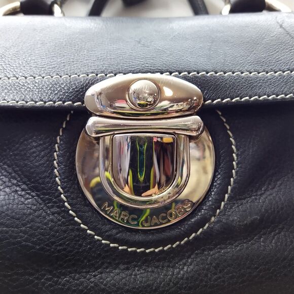 Marc Jacobs Black Leather Pushlock Pocket Double Handles Zipper Satchel Bag - Picture 3 of 16